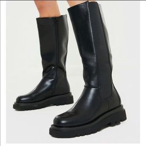 BLACK FAUX LEATHER MID CALF CHUNKY CHELSEA BOOT